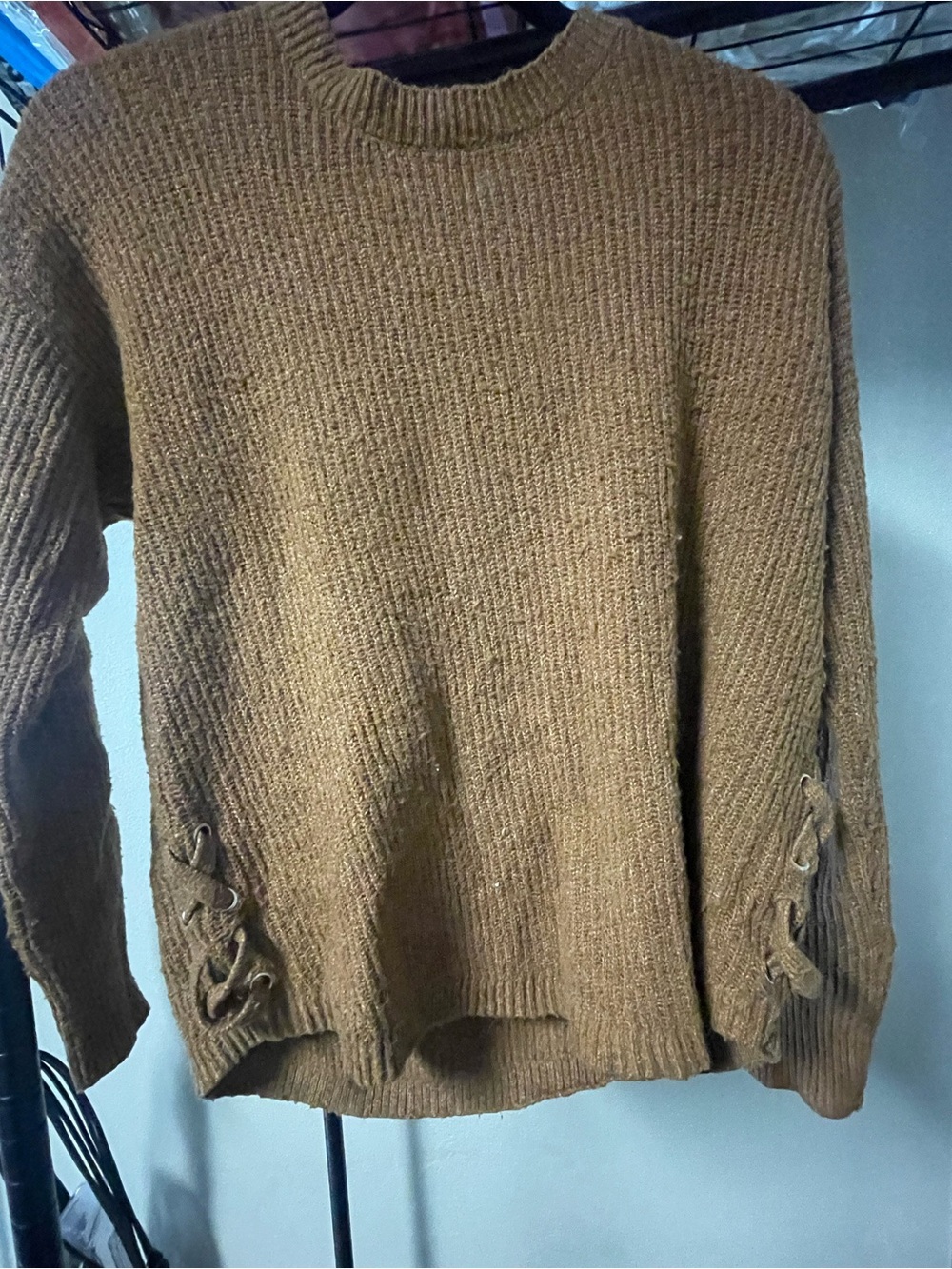 Women's Brown Lace-Up Sleeve Knit Sweater